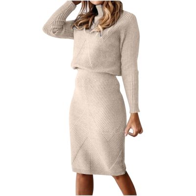 2 Piece Sweater Dress Sets for Women Long Sleeve Knit Outfits Solid Turtleneck Top Midi Skirt Bodycon Dresses Beige