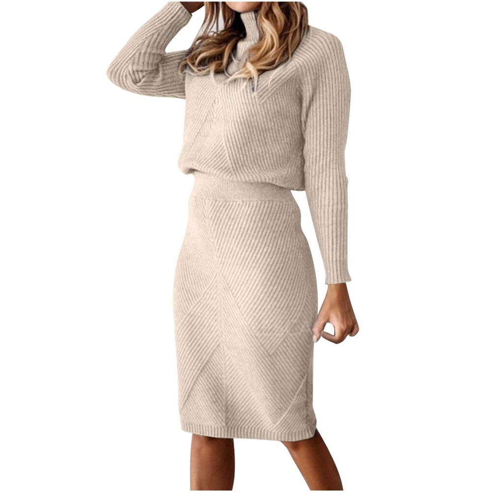 2 Piece Sweater Dress Sets for Women Long Sleeve Knit Outfits Solid Turtleneck Top Midi Skirt Bodycon Dresses Beige