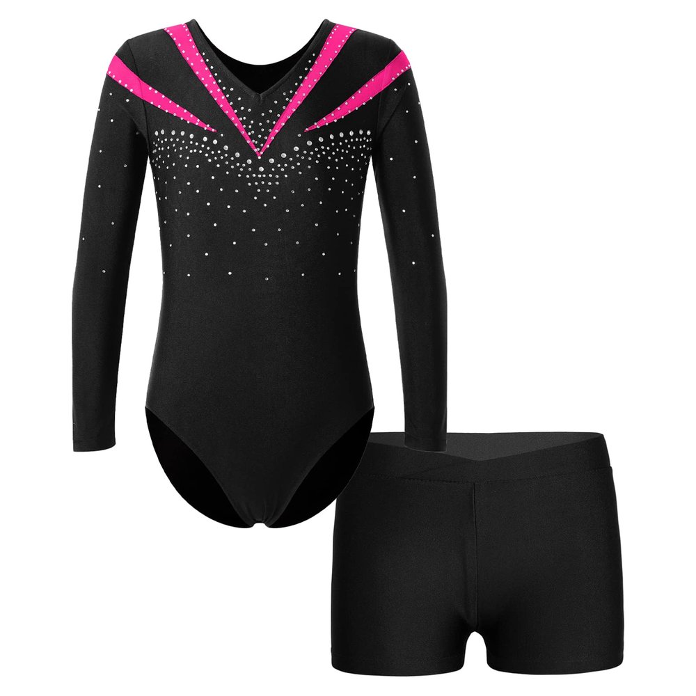 Jhaoyu Kids Girls Rhinestone Gymnastics Dance 2 Piece Outfits Long Sleeve Leotards with Athletic Shorts Sets Biketard Hot Pink 12 Years