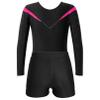 Jhaoyu Kids Girls Rhinestone Gymnastics Dance 2 Piece Outfits Long Sleeve Leotards with Athletic Shorts Sets Biketard Hot Pink 12 Years view 4