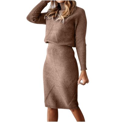 2 Piece Sweater Dress Sets for Women Long Sleeve Knit Outfits Solid Turtleneck Top Midi Skirt Bodycon Dresses Brown