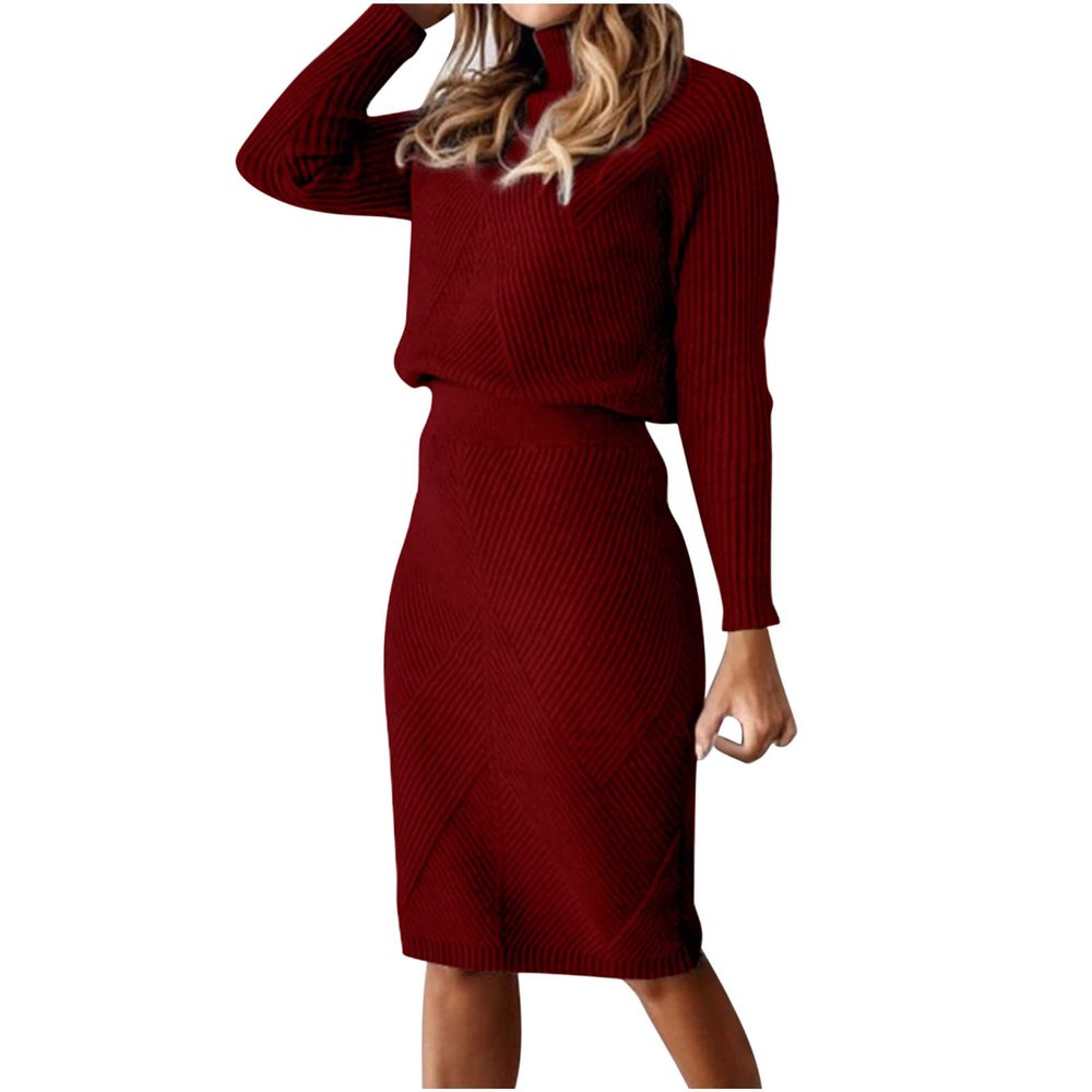 2 Piece Sweater Dress Sets for Women Long Sleeve Knit Outfits Solid Turtleneck Top Midi Skirt Bodycon Dresses Red