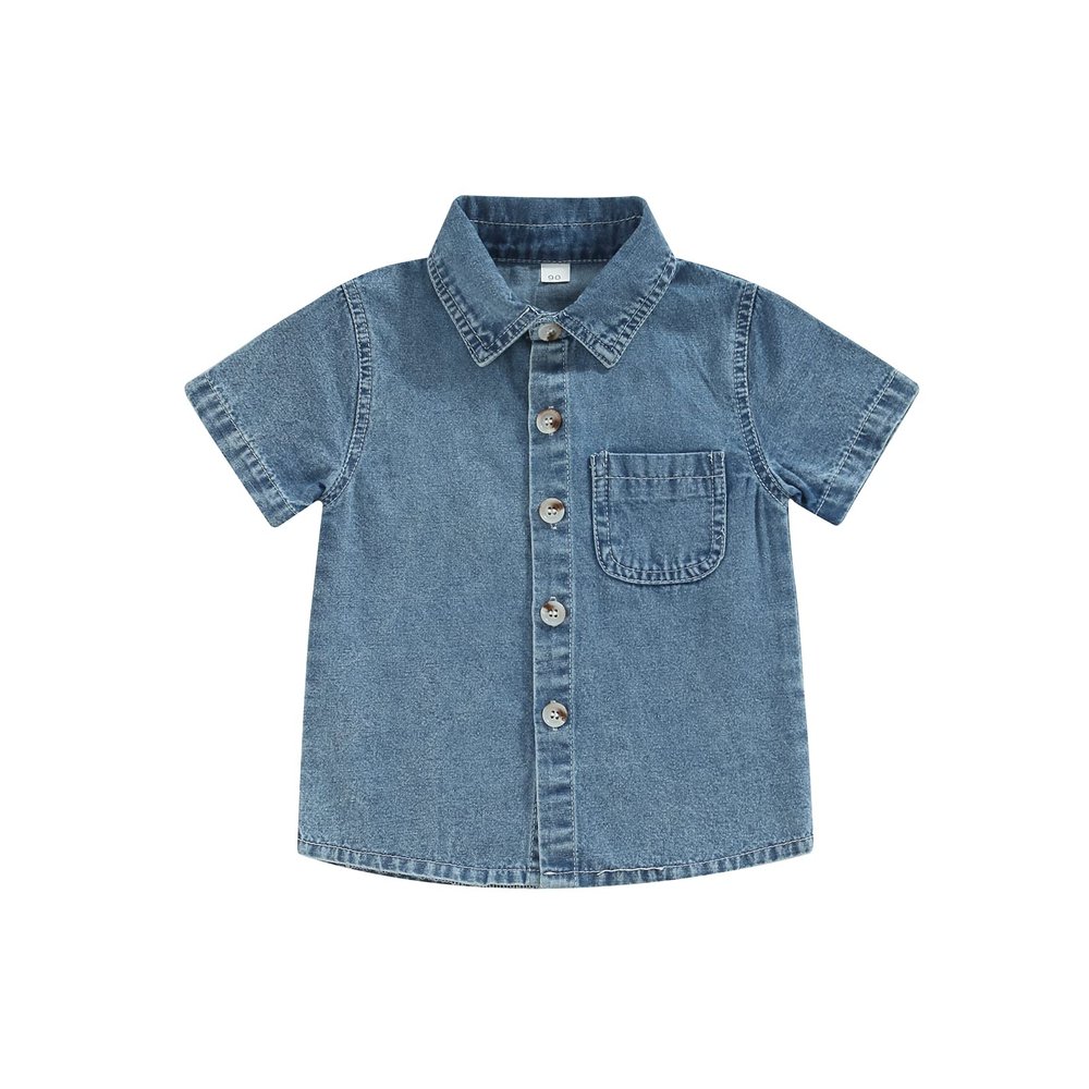 Andannby Kids Baby Boy Short Sleeve Denim Shirt Toddler Lapel Neck Button Down Pocket Denim Tshirt Tops Blouse (Blue, 3-4 Years)