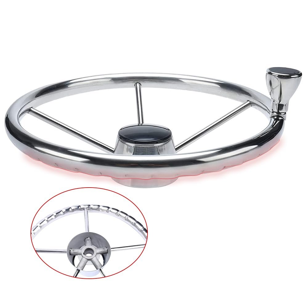 Mojiate 13 1/2 inch Boat Steering Wheel with Knob 5 Spoke 13.5 inch Stainless Steel Grip Destroyer Style Marine