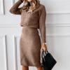 2 Piece Sweater Dress Sets for Women Long Sleeve Knit Outfits Solid Turtleneck Top Midi Skirt Bodycon Dresses Brown view 2