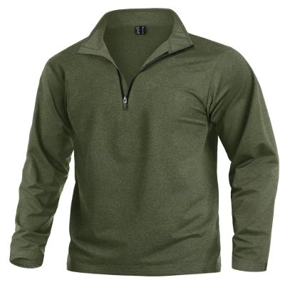 KEFITEVD Quarter Zip Pullover Men Fleece Lined Heather Long Sleeve Golf Shirts Midweight 1/4 Zip Sweatshirts Army Green L
