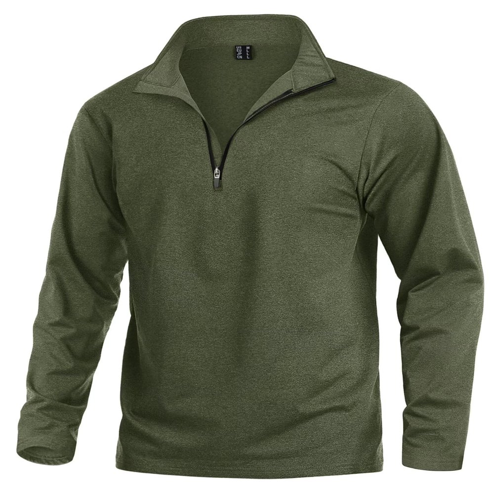 KEFITEVD Quarter Zip Pullover Men Fleece Lined Heather Long Sleeve Golf Shirts Midweight 1/4 Zip Sweatshirts Army Green L