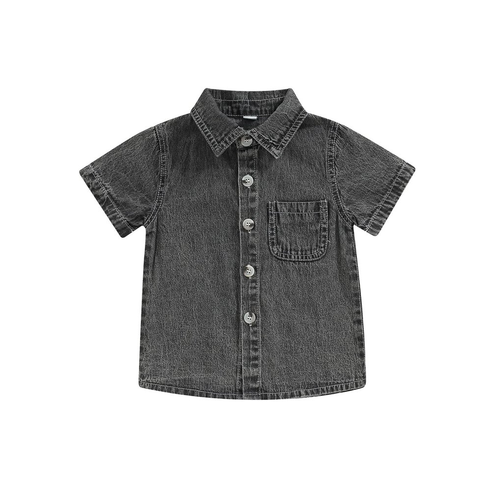 Andannby Kids Baby Boy Short Sleeve Denim Shirt Toddler Lapel Neck Button Down Pocket Denim Tshirt Tops Blouse (Gray, 3-4 Years)