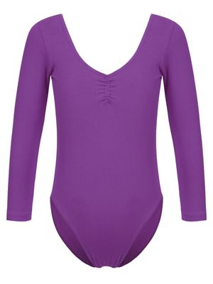 Aislor Kids Girls Ballet Dance Gymnastics Leotard Long Sleeve V Neck Ruched Front Bodysuit Jumpsuit Active Wear Dark Purple 5-6 Years