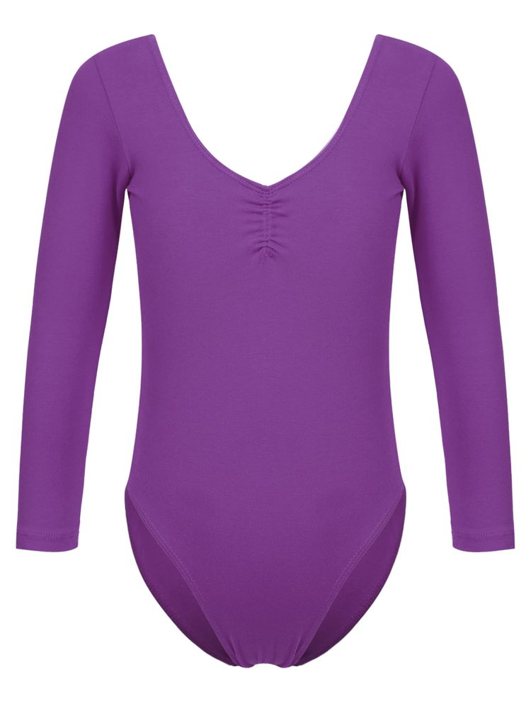 Aislor Kids Girls Ballet Dance Gymnastics Leotard Long Sleeve V Neck Ruched Front Bodysuit Jumpsuit Active Wear Dark Purple 5-6 Years