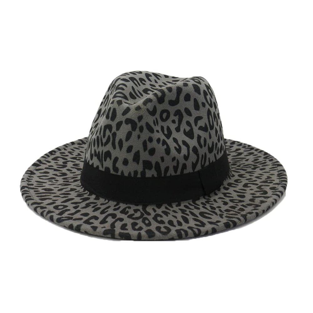 Flat Brim Wool Felt Fedora Hats Men Women Leopard Ribbon Band Decor Formal Hat Outdoor Casual Cap