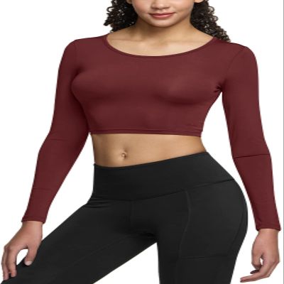 TSLA Women's Sports Compression Shirt, Cool Dry Fit Long Sleeve Workout Tops, Athletic Exercise Gym Yoga Shirts, Scoop Neck Crop Brick, Large