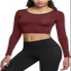 TSLA Women's Sports Compression Shirt, Cool Dry Fit Long Sleeve Workout Tops, Athletic Exercise Gym Yoga Shirts, Scoop Neck Crop Brick, Large view 1
