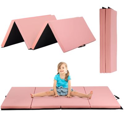 6 ft Gymnastics Exercise Mat Thick Tumbling Mats with Carrying Handles, 6ft x 4ft x 2in Yoga Mat Folding Exercise Pad Leather Gym Mat for Gymnastics, Stretching, Core Workouts, Pink