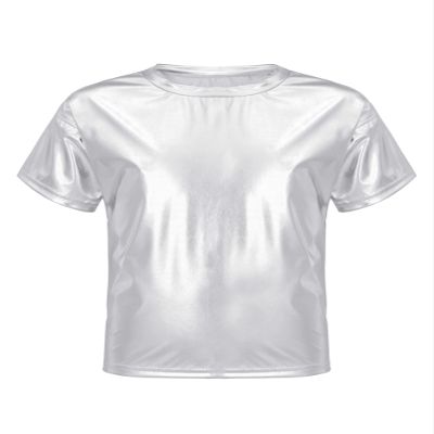 dPois Kids Boys Girls Shiny Metallic T-Shirts Short Sleeve Street Dance Tops Hip-hop Performance Costume Silver 13-14 Years
