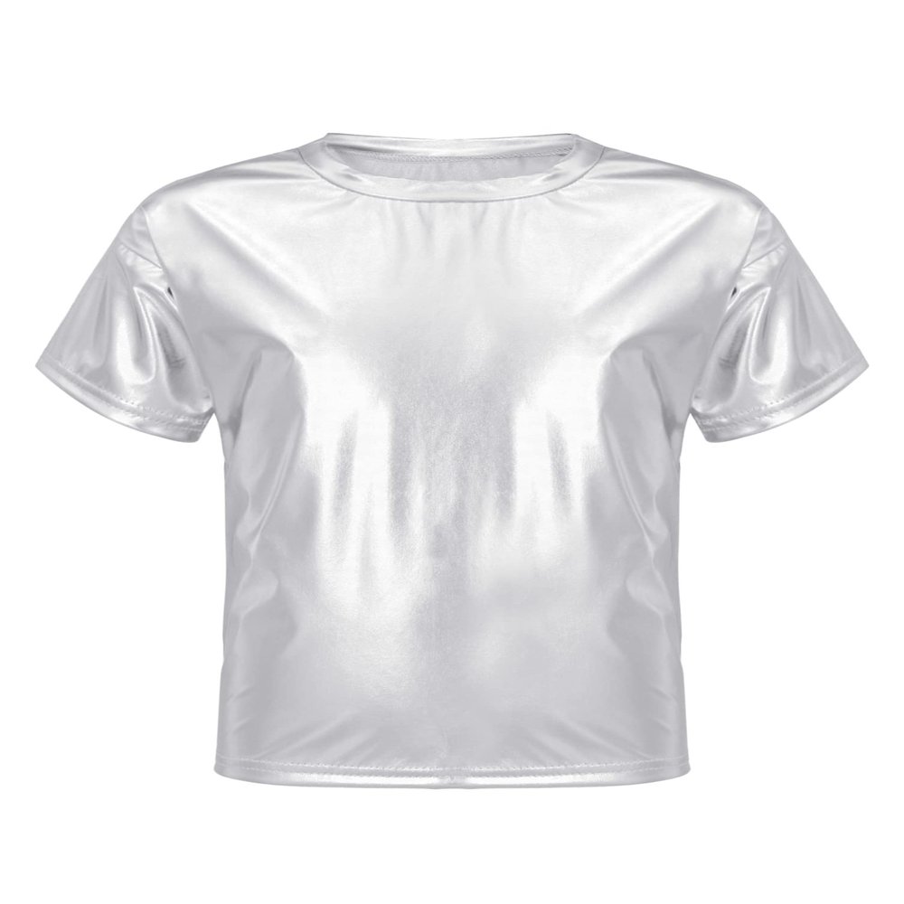 dPois Kids Boys Girls Shiny Metallic T-Shirts Short Sleeve Street Dance Tops Hip-hop Performance Costume Silver 13-14 Years