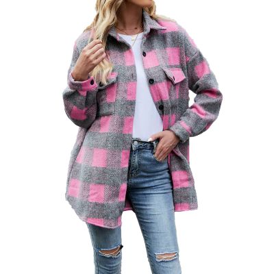 JEsilunmaMY Womens Plaid Shacket Jacket Long Sleeve Button Down Lapel Wool Blend Coat Casual Loose Fall Winter Shirt Jackets (Pink,X-Large)