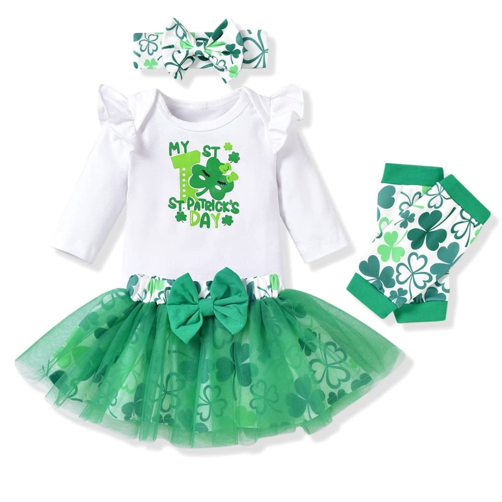Aalizzwell 12-18 Months Baby Girls St. Patrick's Day Outfit Infant My First Skirt Shamrock Clothes with Leg Warmers Clover Four Leaf Clothing