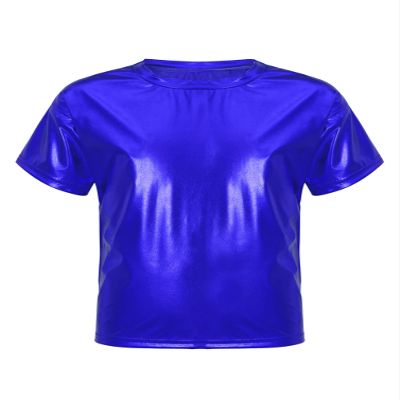 dPois Kids Boys Girls Shiny Metallic T-Shirts Short Sleeve Street Dance Tops Hip-hop Performance Costume Royal Blue 7-8 Years