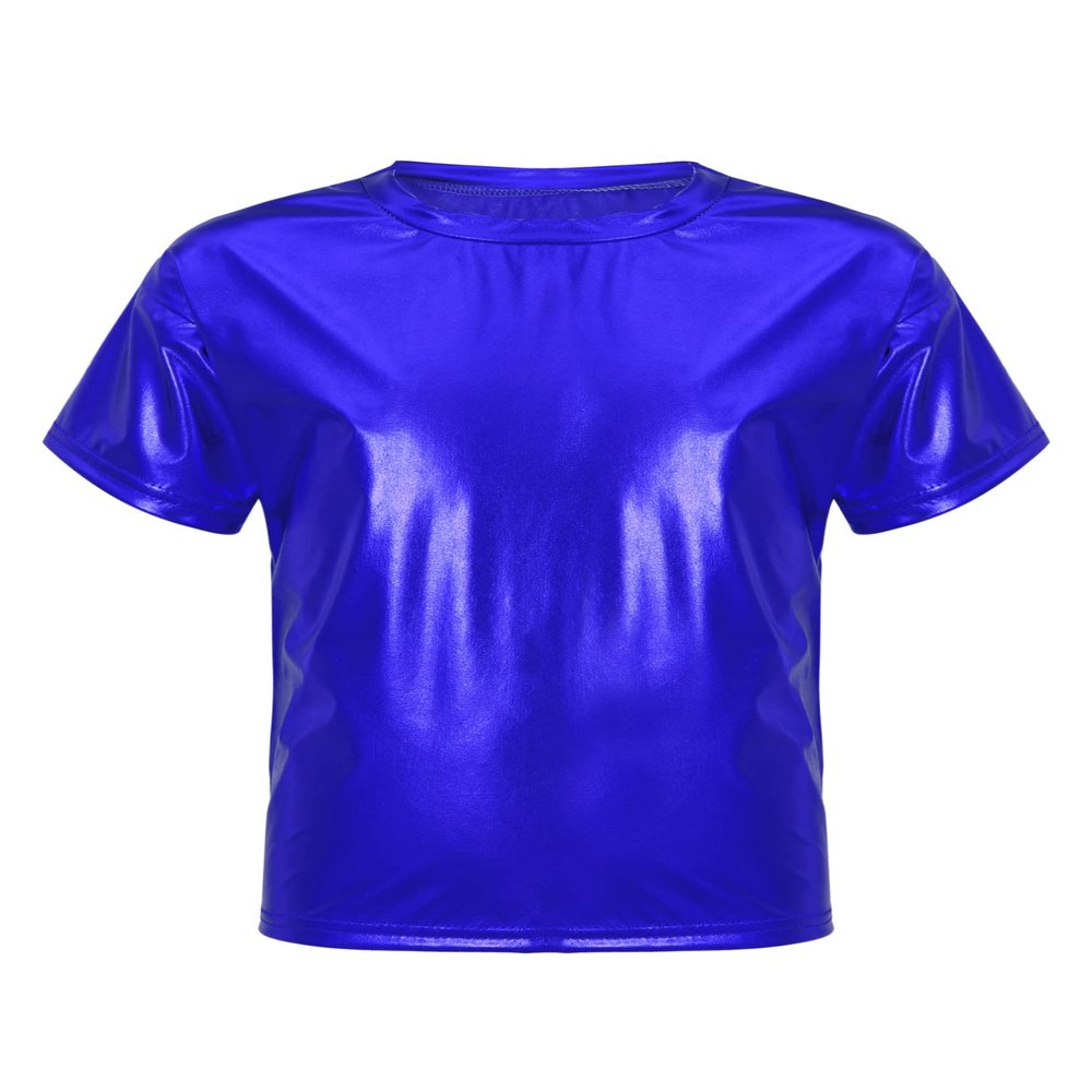 dPois Kids Boys Girls Shiny Metallic T-Shirts Short Sleeve Street Dance Tops Hip-hop Performance Costume Royal Blue 7-8 Years