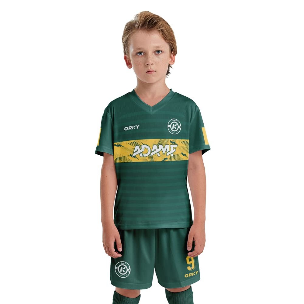 ORKY Kids Customize Soccer Jersey, Quick Dry Sublimation Boy Futbol Shirt Short Set, Personalize Name Girl Team Outfit(Green 100cm)