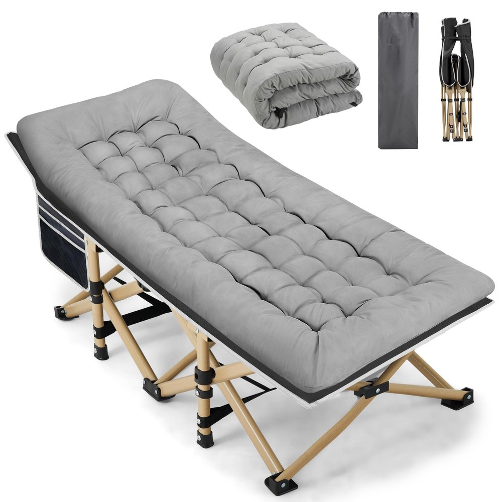Fragess Portable Camping Cot, 600LBS Max Load, Extra Wide with Thick Mattress, Folding Cot for Outdoor Camping/Office, Home Nap (Grey)