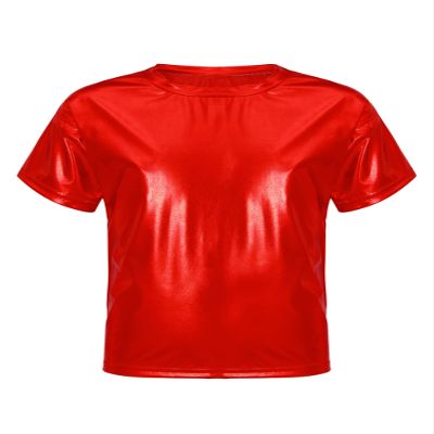 dPois Kids Boys Girls Shiny Metallic T-Shirts Short Sleeve Street Dance Tops Hip-hop Performance Costume Red 15-16 Years