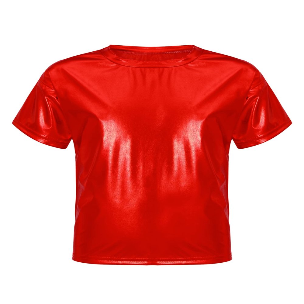 dPois Kids Boys Girls Shiny Metallic T-Shirts Short Sleeve Street Dance Tops Hip-hop Performance Costume Red 15-16 Years
