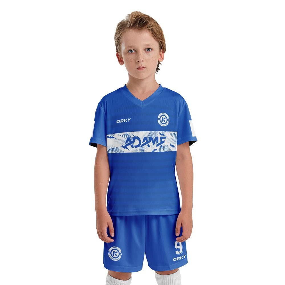 ORKY Kids Customize Soccer Jersey, Quick Dry Sublimation Boy Futbol Shirt Short Set, Personalize Name Girl Team Outfit(Blue 160cm)