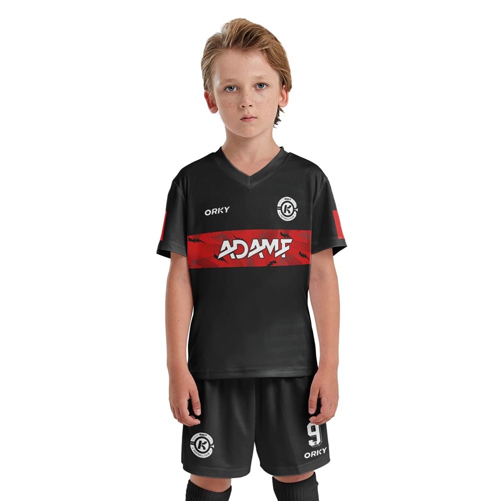 ORKY Kids Customize Soccer Jersey, Quick Dry Sublimation Boy Futbol Shirt Short Set, Personalize Name Girl Team Outfit(Black 120cm)