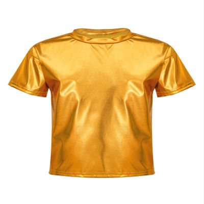 dPois Kids Boys Girls Shiny Metallic T-Shirts Short Sleeve Street Dance Tops Hip-hop Performance Costume Gold 11-12 Years