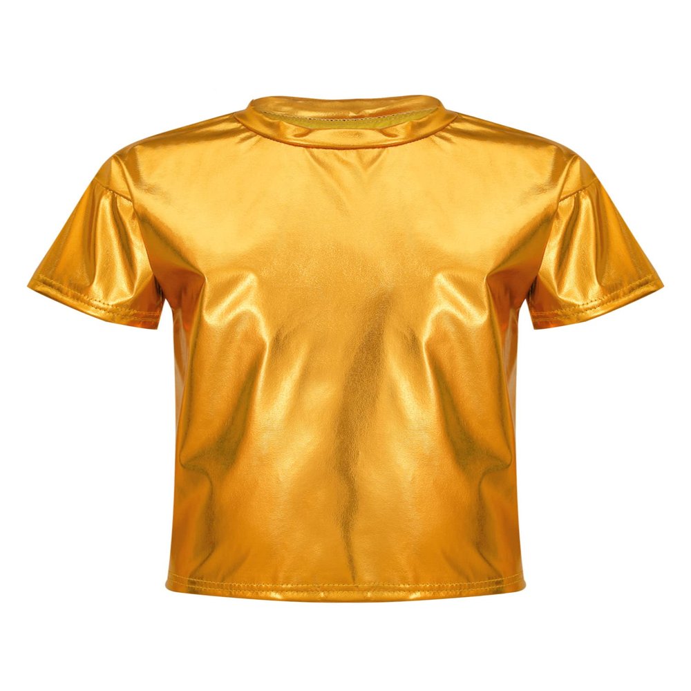 dPois Kids Boys Girls Shiny Metallic T-Shirts Short Sleeve Street Dance Tops Hip-hop Performance Costume Gold 11-12 Years