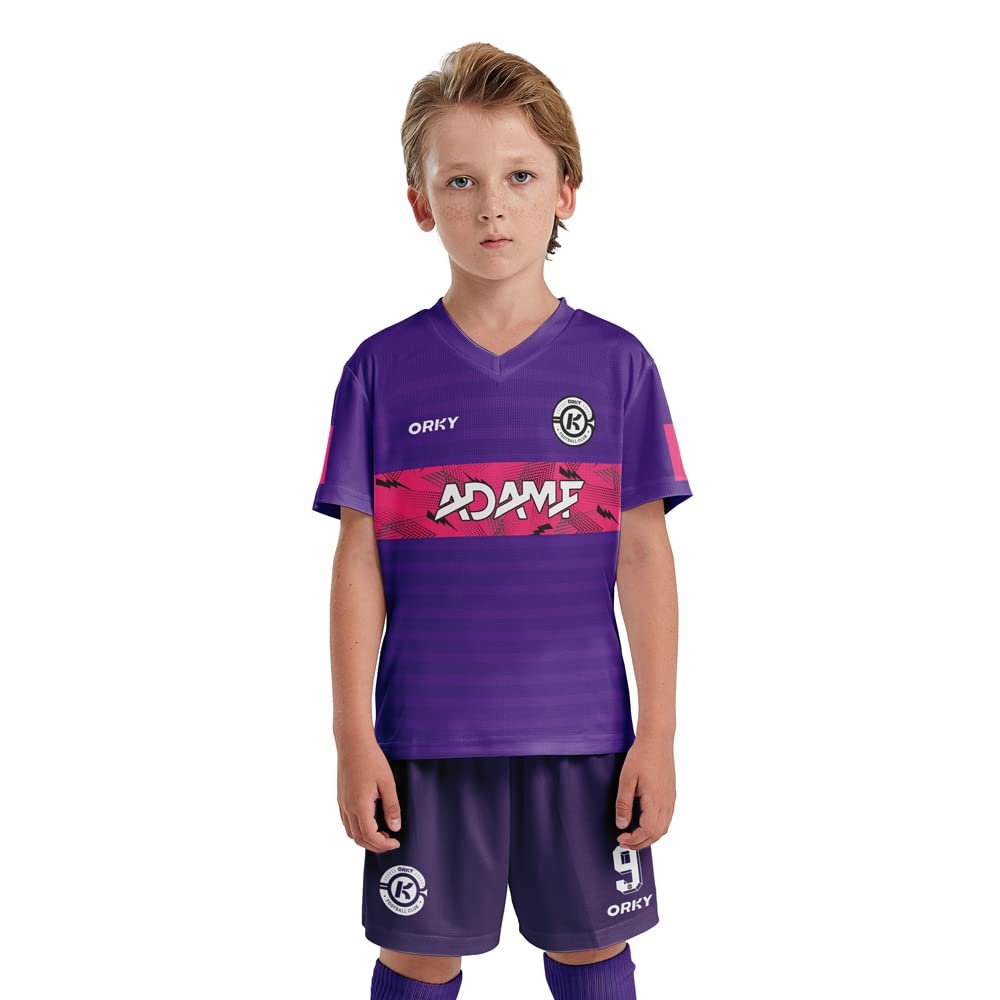 ORKY Kids Customize Soccer Jersey, Quick Dry Sublimation Boy Futbol Shirt Short Set, Personalize Name Girl Team Outfit(Purple130cm)