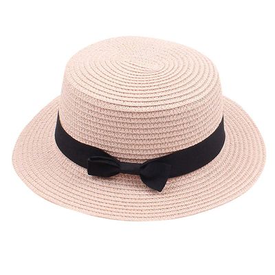 Youth Ladies Spring Summer Sun Beach Straw Hat Womens Foldable Breathable Flat Top Seaside Hats for UV Protection Pink