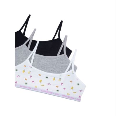 Maidenform Girl's Cotton Crop Training Bra, Fruit Fun/Heather Grey/Black, X-Large 3 Pack