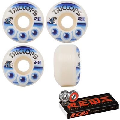 Triclops Skateboard Wheels Third Eye 51mm 99A White with Bones Reds Bearings