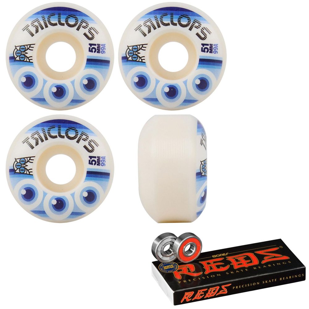Triclops Skateboard Wheels Third Eye 51mm 99A White with Bones Reds Bearings