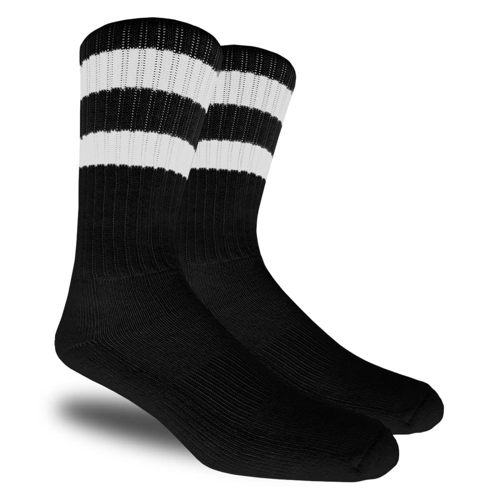 Running Mate Men's Stripe Crew Socks - 3 Pairs (Black w/White Stripes)