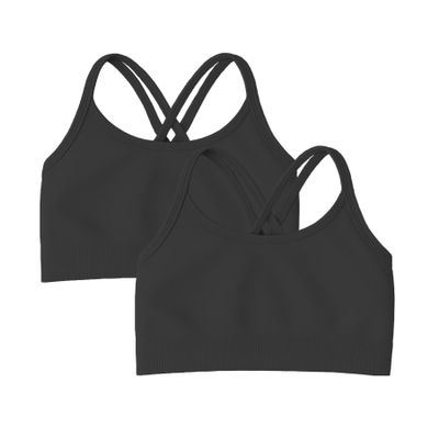Kurve Girls Seamless Strappy Back Stretchy Crop Undershirt Bra, Made in USA, Black/Black Set, 4 to 8 Years