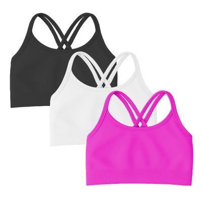 Kurve Girls Seamless Strappy Back Stretchy Crop Undershirt Bra, Made in USA, Black/White/Neon Fuschia Set, 4 to 8 Years