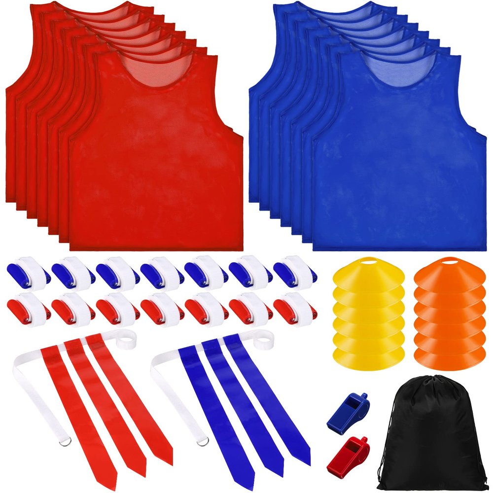 Sratte Flag Football Set 14 Player Football Flags 14 Nylon Mesh Pinnies Jerseys 14 Adjustable Belt 12 Cones for Training(Red, Blue)