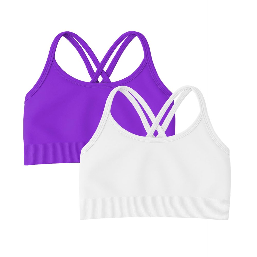 Kurve Girls Seamless Strappy Back Stretchy Crop Undershirt Bra, Made in USA, White/Neon Purple Set, 4 to 8 Years