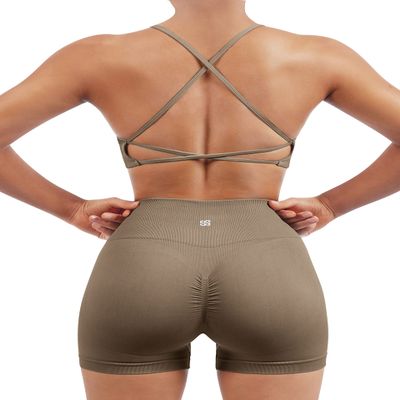 SUUKSESS Women Seamless 2 piece Workout Sets Strappy Padded Sports Bra Booty High Waisted Shorts Outfits (Dark Coffee,S)