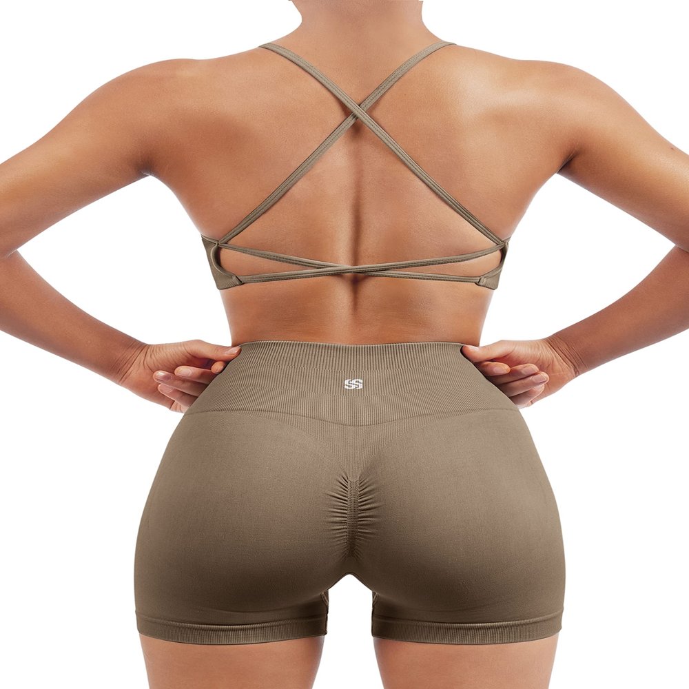 SUUKSESS Women Seamless 2 piece Workout Sets Strappy Padded Sports Bra Booty High Waisted Shorts Outfits (Dark Coffee,S)