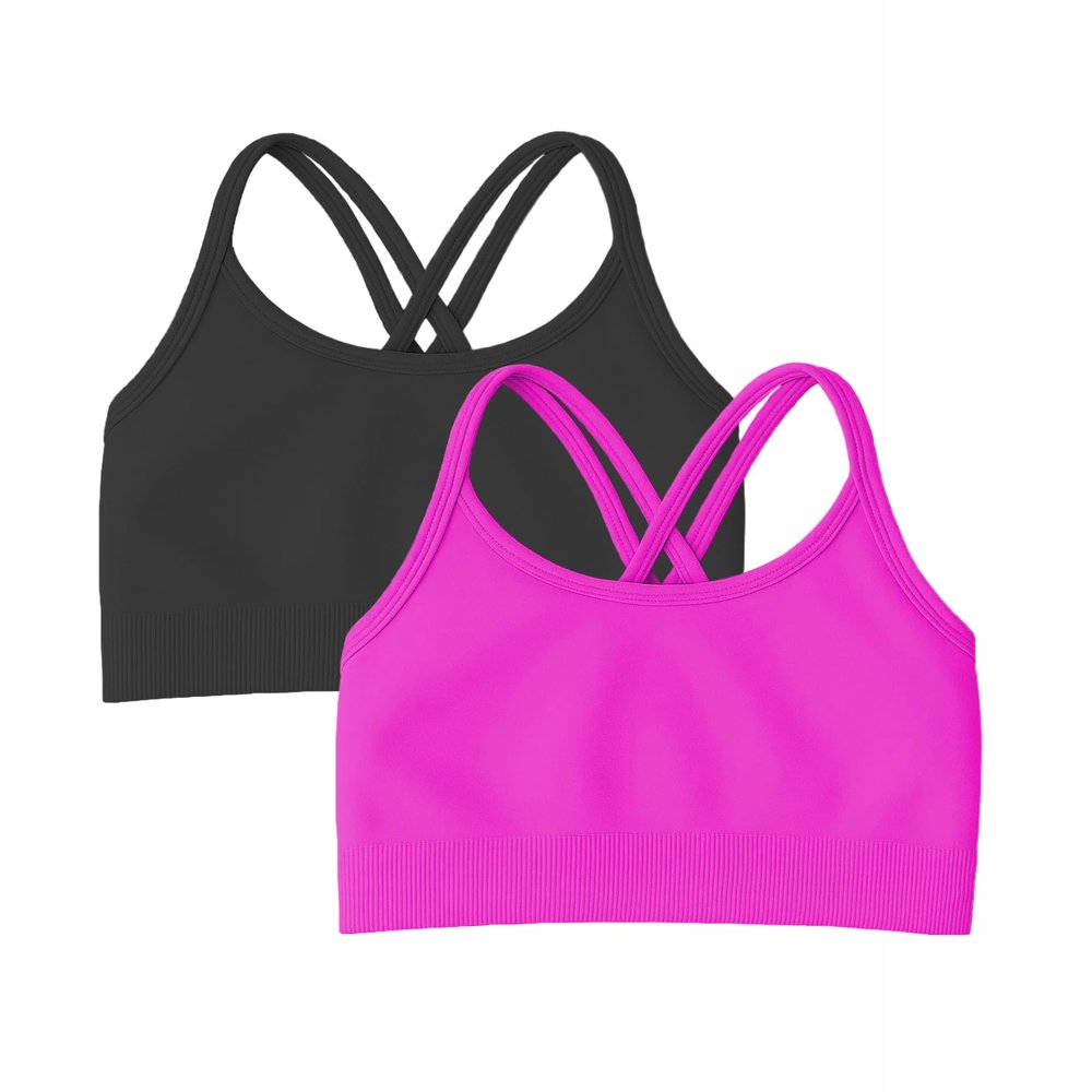 Kurve Girls Seamless Strappy Back Stretchy Crop Undershirt Bra, Made in USA, Black/Neon Fuschia Set, 4 to 8 Years