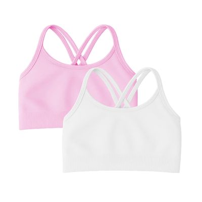 Kurve Girls Seamless Strappy Back Stretchy Crop Undershirt Bra, Made in USA, White/Pink Set, 9 to 14 Years