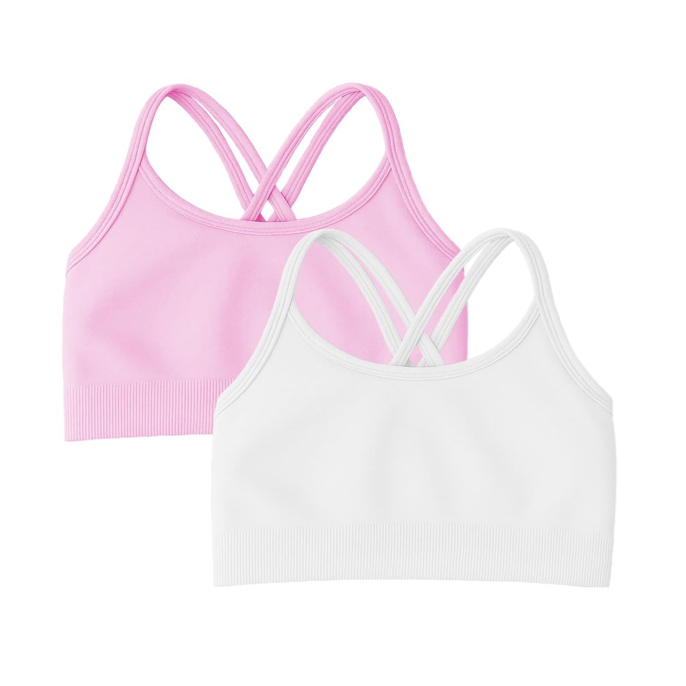 Kurve Girls Seamless Strappy Back Stretchy Crop Undershirt Bra, Made in USA, White/Pink Set, 9 to 14 Years