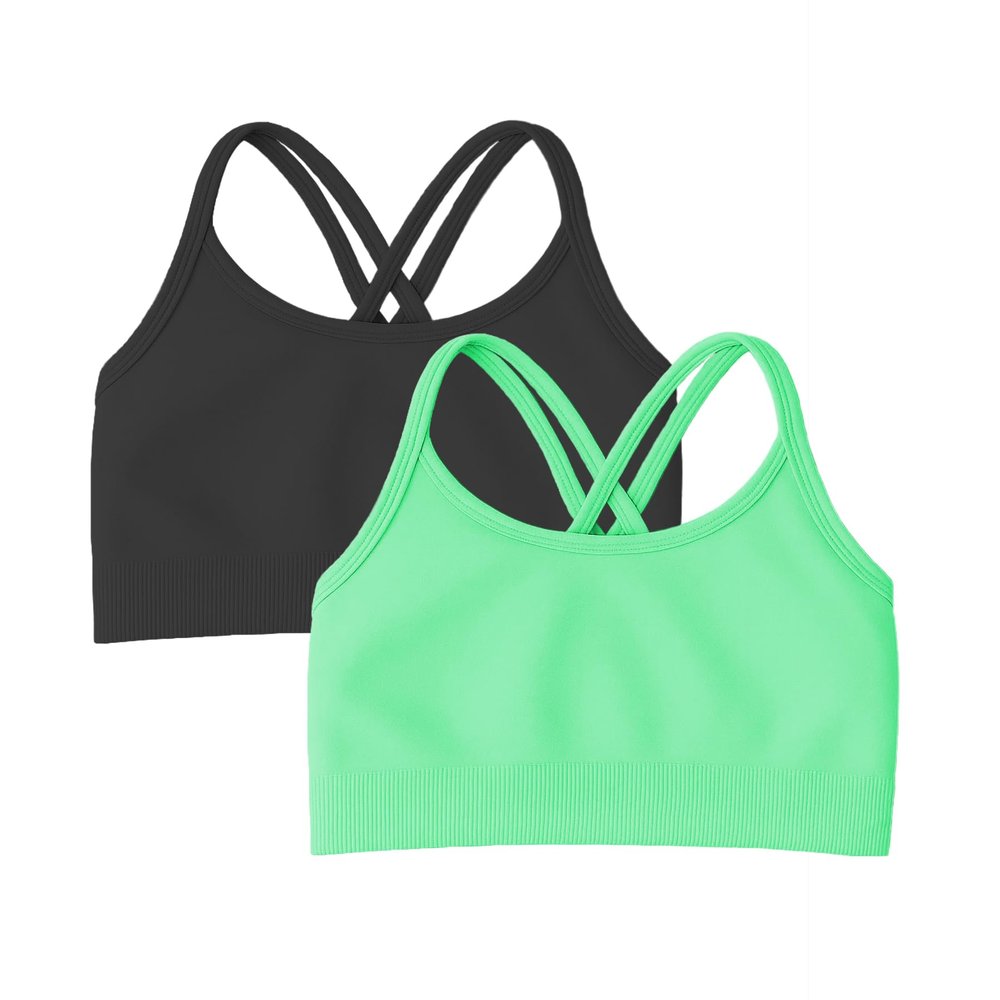 Kurve Girls Seamless Strappy Back Stretchy Crop Undershirt Bra, Made in USA, Black/Neon Green Set, 9 to 14 Years