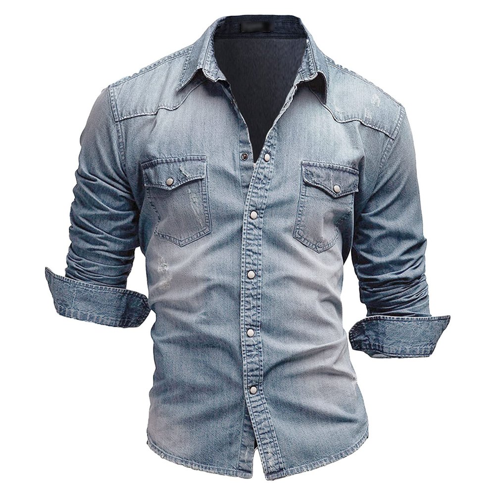 Maiyifu-GJ Men's Long Sleeve Denim Shirt Casual Button-Down Western Regular Fit Shirts Slim Fit Washed Jean Shirt (Light Blue,3X-Large)
