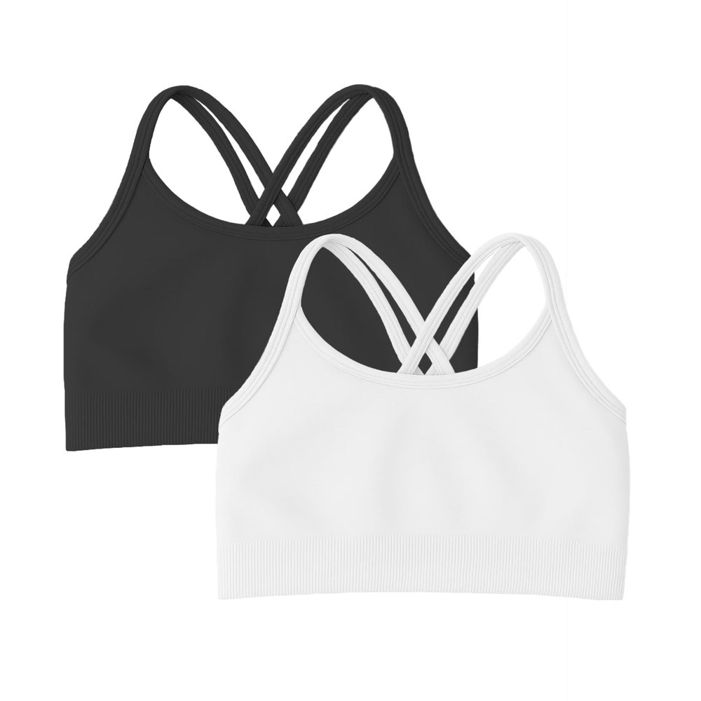 Kurve Girls Seamless Strappy Back Stretchy Crop Undershirt Bra, Made in USA, Black/White Set, 9 to 14 Years